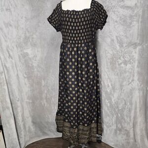 Lapogee Black Gold Floral Smocked‎ Empire Waist Maxi Dress Women's 2X Summer